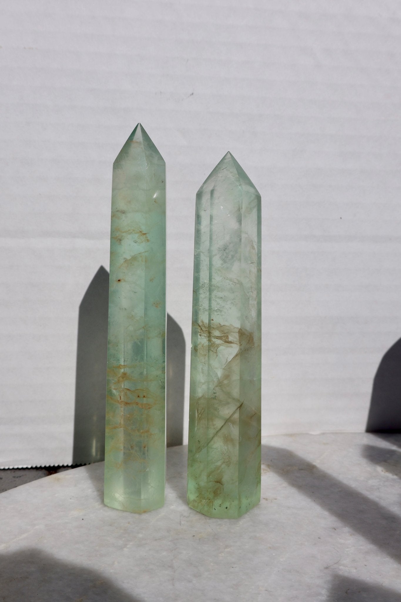 Fluorite Crystal Tower – Glassy Golden Healer Light Green (Translucent) Tower | Natural Gemstone Obelisk in 2 Sizes, ONE PIECE - Wax | Wane - clear green fluorite - Crystal Tower2
