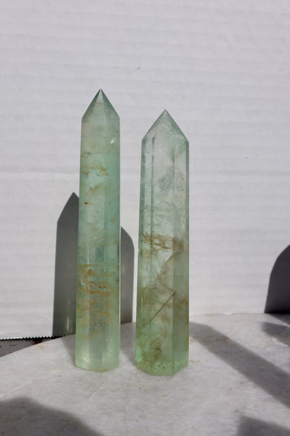 Fluorite Crystal Tower – Glassy Golden Healer Light Green (Translucent) Tower | Natural Gemstone Obelisk in 2 Sizes, ONE PIECE - Wax | Wane - clear green fluorite - Crystal Tower2