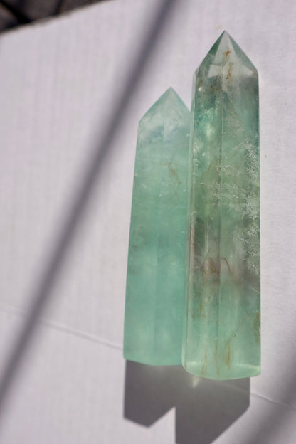 Fluorite Crystal Tower – Glassy Golden Healer Light Green (Translucent) Tower | Natural Gemstone Obelisk in 2 Sizes, ONE PIECE - Wax | Wane - clear green fluorite - Crystal Tower3