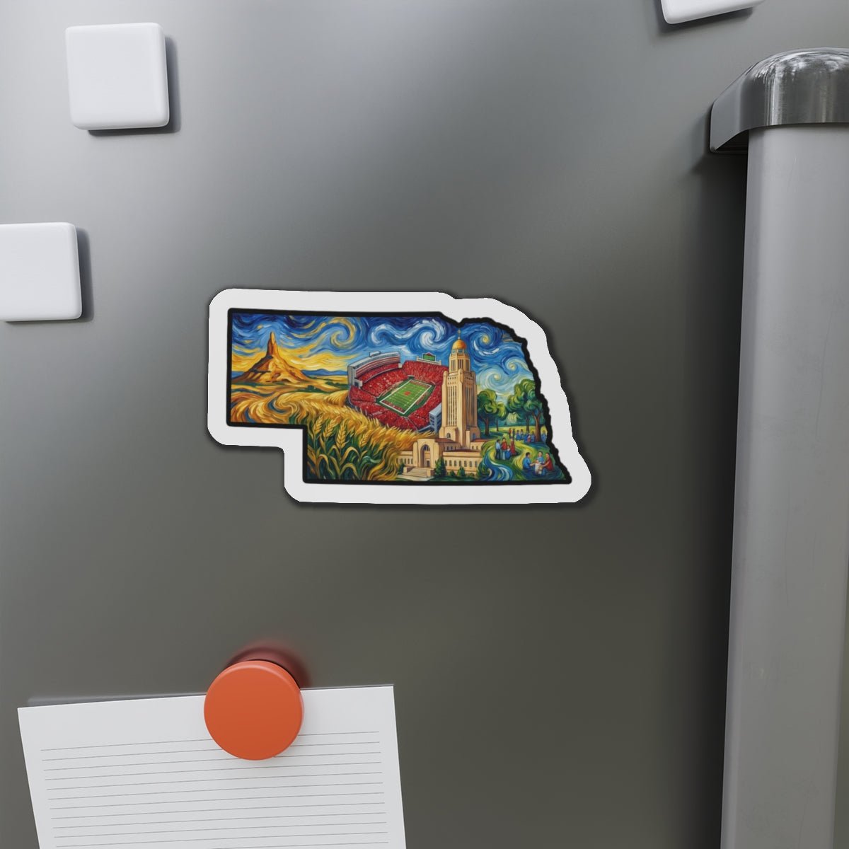 LNK.Nebraska Landmarks Magnet — Van Gogh Die-Cut State Magnet | Big Red Game Day Gift - Wax | Wane - big red - Home Decor2