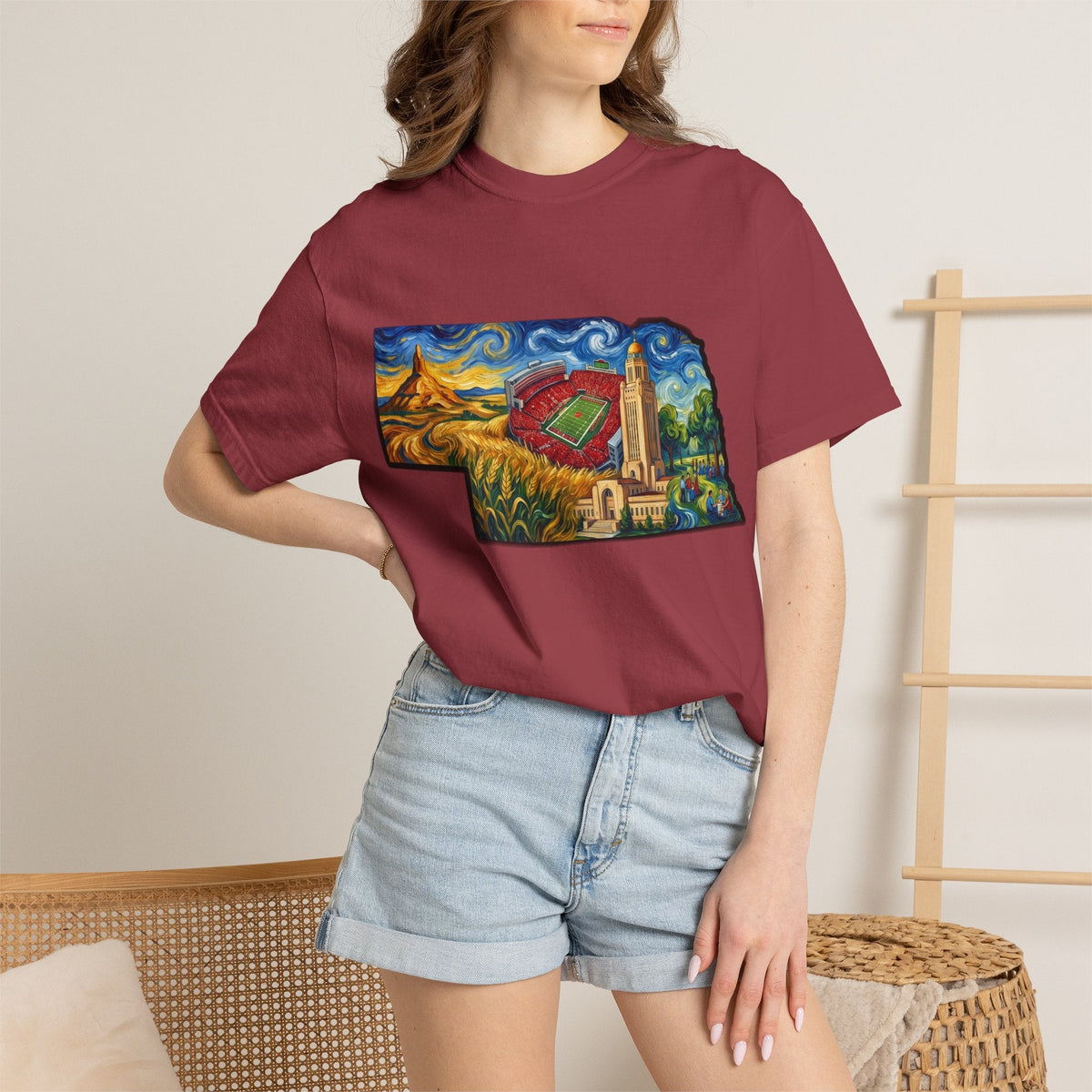 LNK.Nebraska Landmarks T-Shirt — Vincent Van Gogh Style State Art | Big Red Game Day Nebraska Gift Tee - Wax | Wane - big red - T-Shirt57