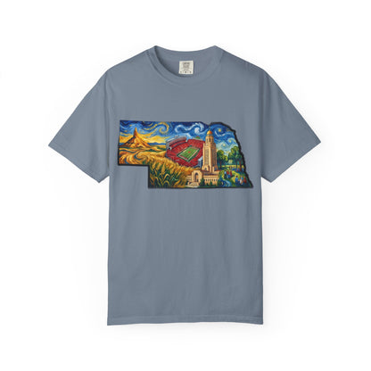 LNK.Nebraska Landmarks T-Shirt — Vincent Van Gogh Style State Art | Big Red Game Day Nebraska Gift Tee - Wax | Wane - big red - T-Shirt10
