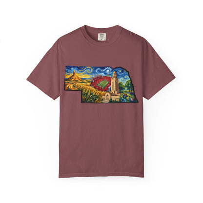 LNK.Nebraska Landmarks T-Shirt — Vincent Van Gogh Style State Art | Big Red Game Day Nebraska Gift Tee - Wax | Wane - big red - T-Shirt5
