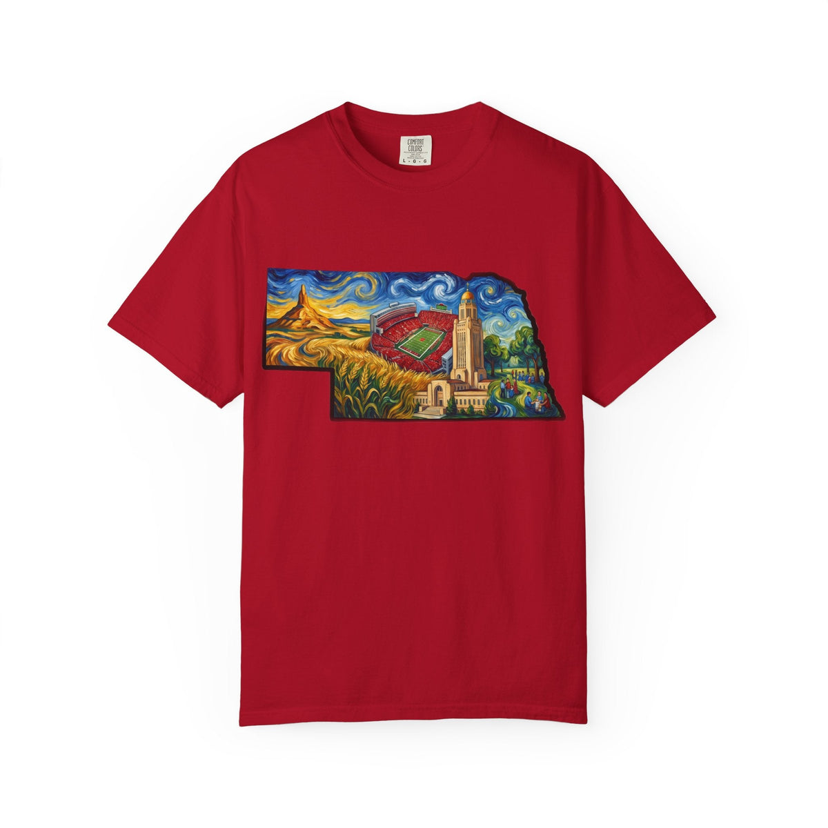 LNK.Nebraska Landmarks T-Shirt — Vincent Van Gogh Style State Art | Big Red Game Day Nebraska Gift Tee - Wax | Wane - big red - T-Shirt15