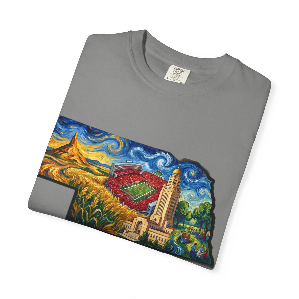 LNK.Nebraska Landmarks T-Shirt — Vincent Van Gogh Style State Art | Big Red Game Day Nebraska Gift Tee - Wax | Wane - big red - T-Shirt47