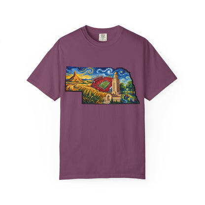 LNK.Nebraska Landmarks T-Shirt — Vincent Van Gogh Style State Art | Big Red Game Day Nebraska Gift Tee - Wax | Wane - big red - T-Shirt4