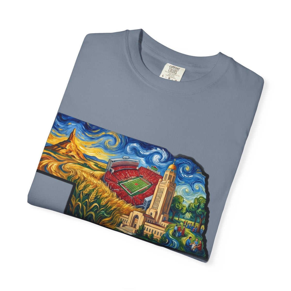 LNK.Nebraska Landmarks T-Shirt — Vincent Van Gogh Style State Art | Big Red Game Day Nebraska Gift Tee - Wax | Wane - big red - T-Shirt44