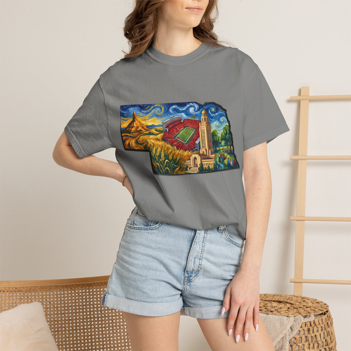 LNK.Nebraska Landmarks T-Shirt — Vincent Van Gogh Style State Art | Big Red Game Day Nebraska Gift Tee - Wax | Wane - big red - T-Shirt48