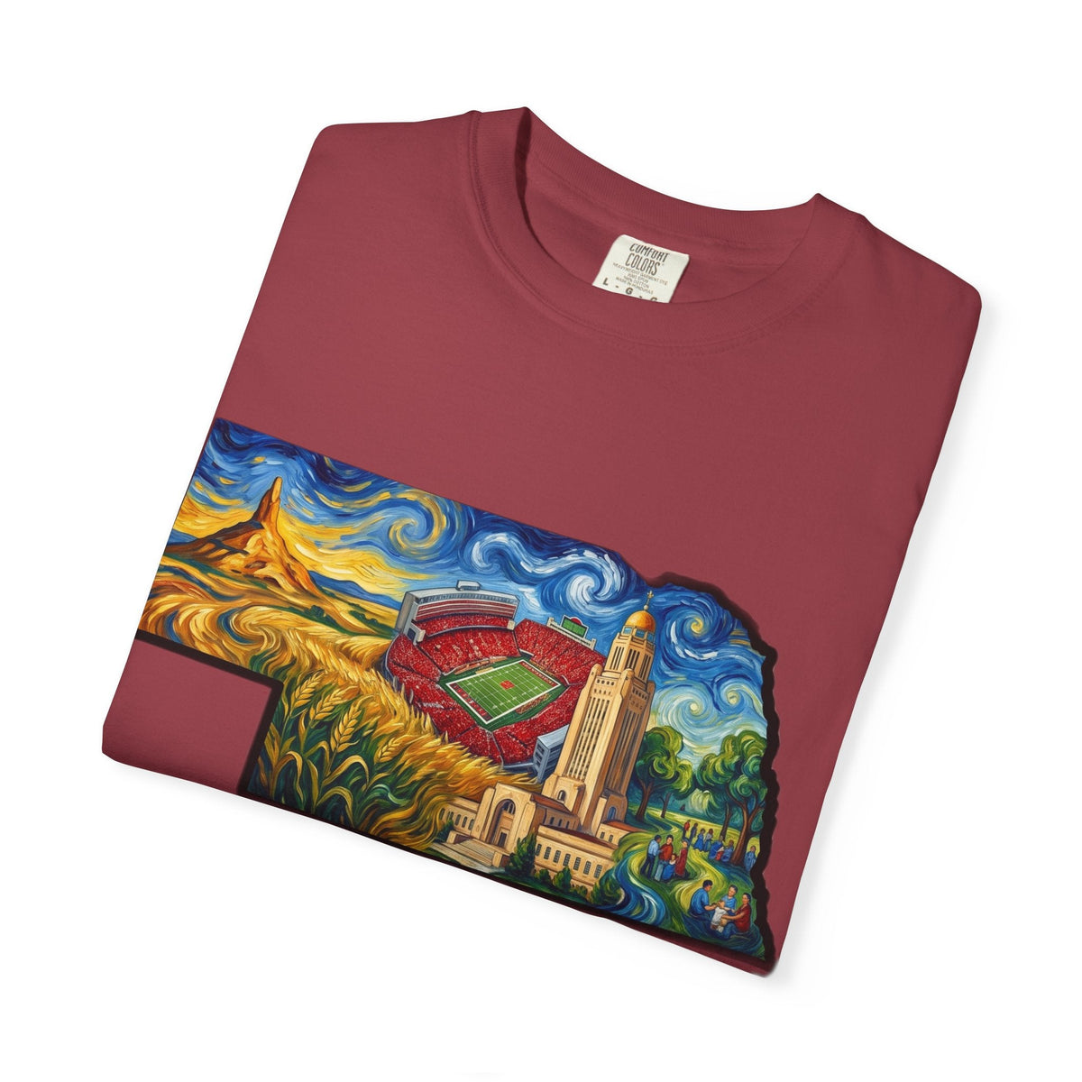LNK.Nebraska Landmarks T-Shirt — Vincent Van Gogh Style State Art | Big Red Game Day Nebraska Gift Tee - Wax | Wane - big red - T-Shirt56