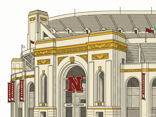 LNK.Nebraska Memorial Stadium East Facade - Premium Art Deco Digital Print - Wax | Wane - Art Deco - Digital Download1