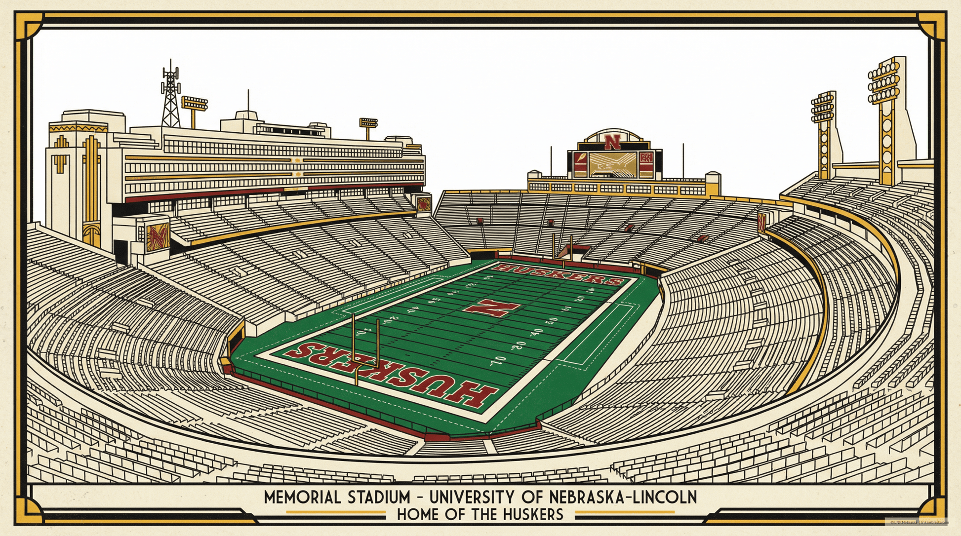 LNK.Nebraska Memorial Stadium Interior - Premium Art Deco Digital Print of Husker Football Home Stadium - Wax | Wane - Art Deco - Digital Download1