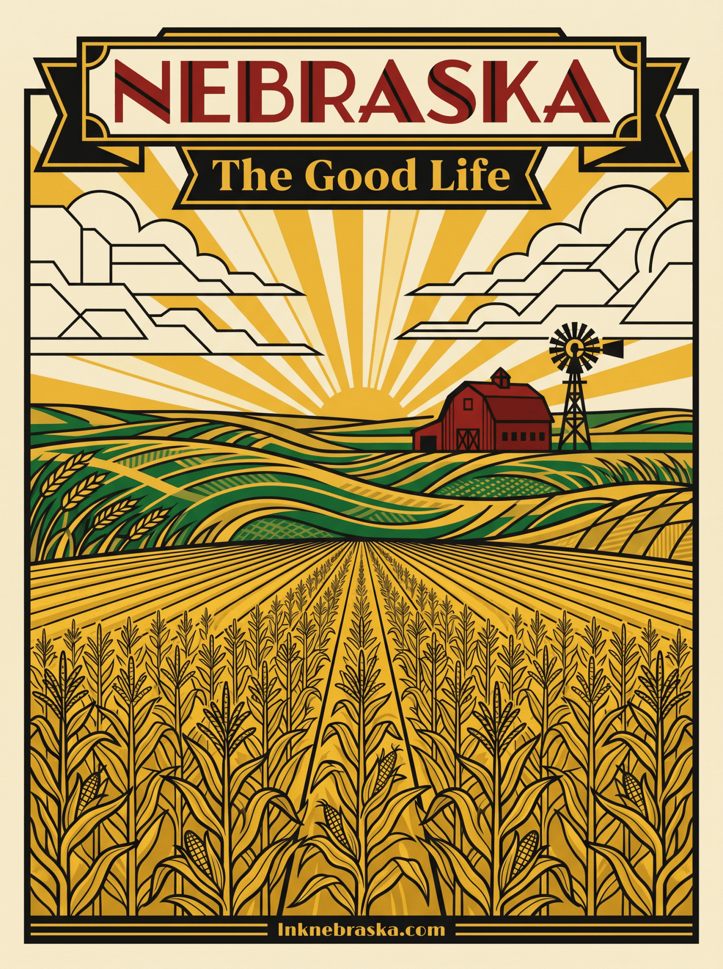 LNK.Nebraska Nebraska Scenery: The Good Life - Premium Art Deco Digital Print - Wax | Wane - Art Deco - Digital Download1