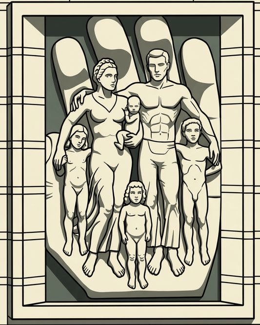 Decorative panel with a family scene on a beige tiled wall