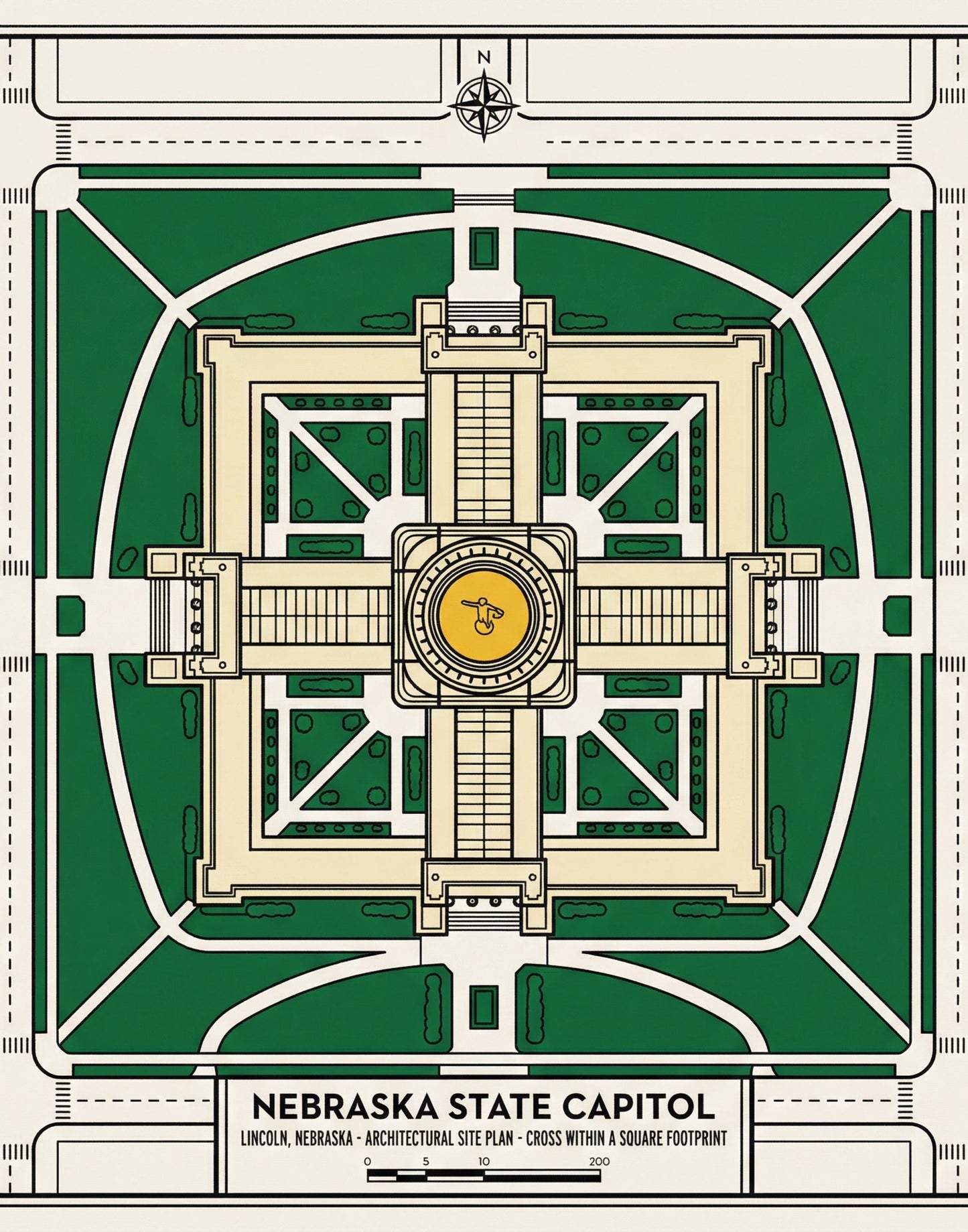 LNK.Nebraska State Capitol Building Grounds Map - Premium Art Deco Digital Print - Wax | Wane - LNK Nebraska - Digital Download1