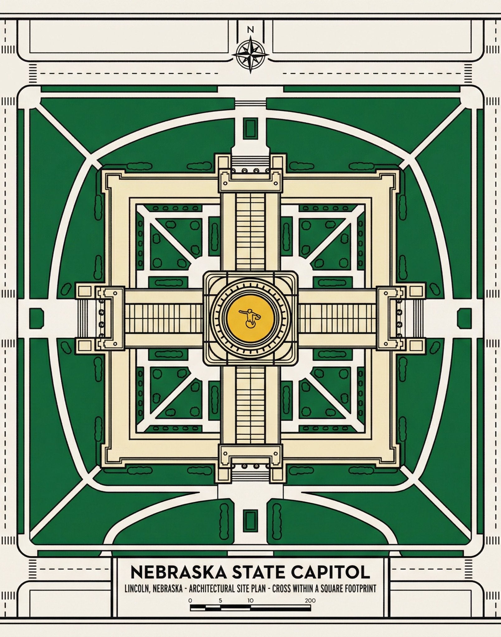 LNK.Nebraska State Capitol Building Grounds Map - Premium Art Deco Digital Print - Wax | Wane - LNK Nebraska - Digital Download1