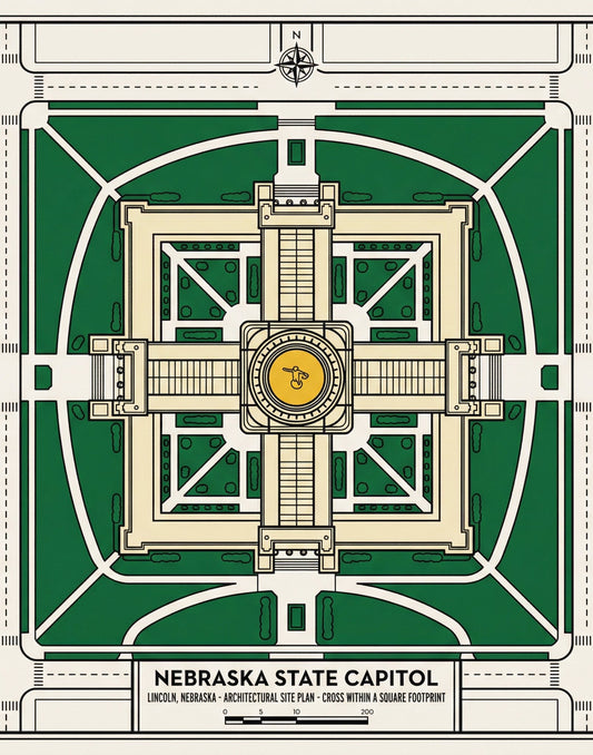 LNK.Nebraska State Capitol Building Grounds Map - Premium Art Deco Digital Print - Wax | Wane - LNK Nebraska - Digital Download1