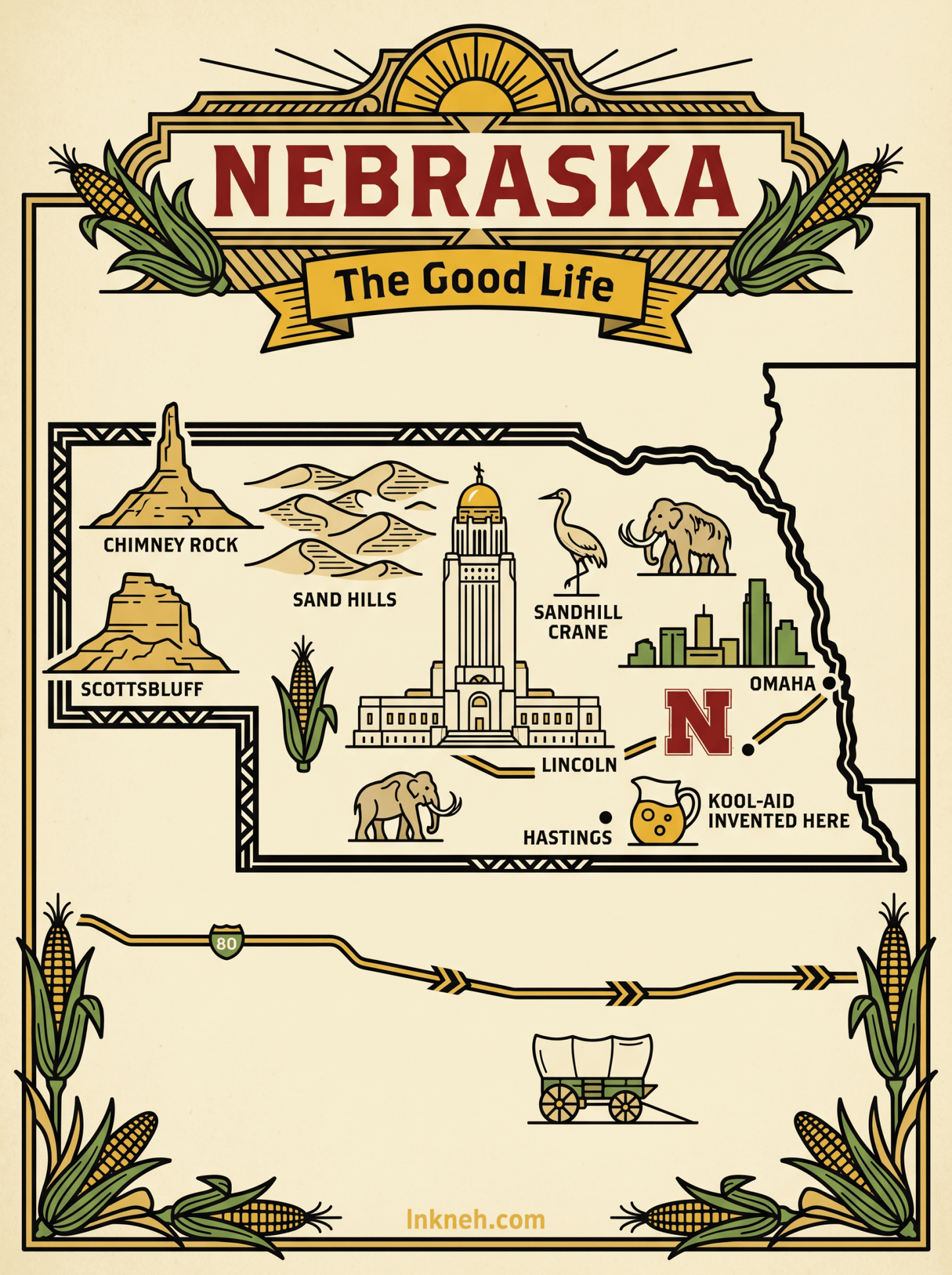 LNK.Nebraska State Map Elite Edition - Premium Art Deco Digital Print - Wax | Wane - Art Deco - Digital Download1