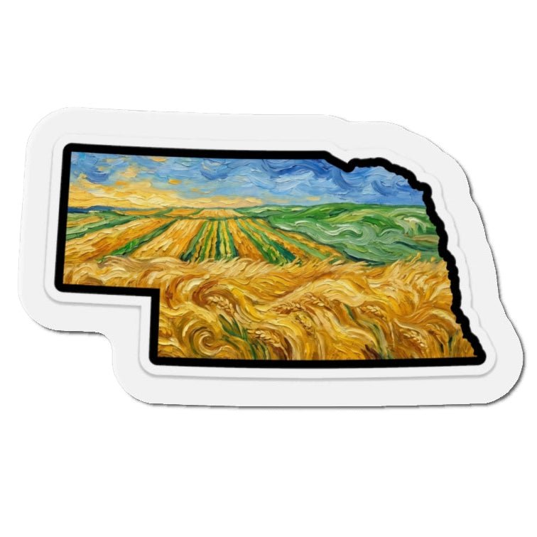 Vincent van Gogh's 'Wheatfield with Crows' in the shape of Nebraska on a white background