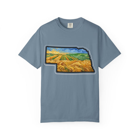 LNK.Nebraska Wheat Fields T-Shirt — Vincent Van Gogh Style Prairie State Art | 100% Cotton Comfort Colors Nebraska Gift - Wax | Wane - farmhouse decor - T-Shirt1