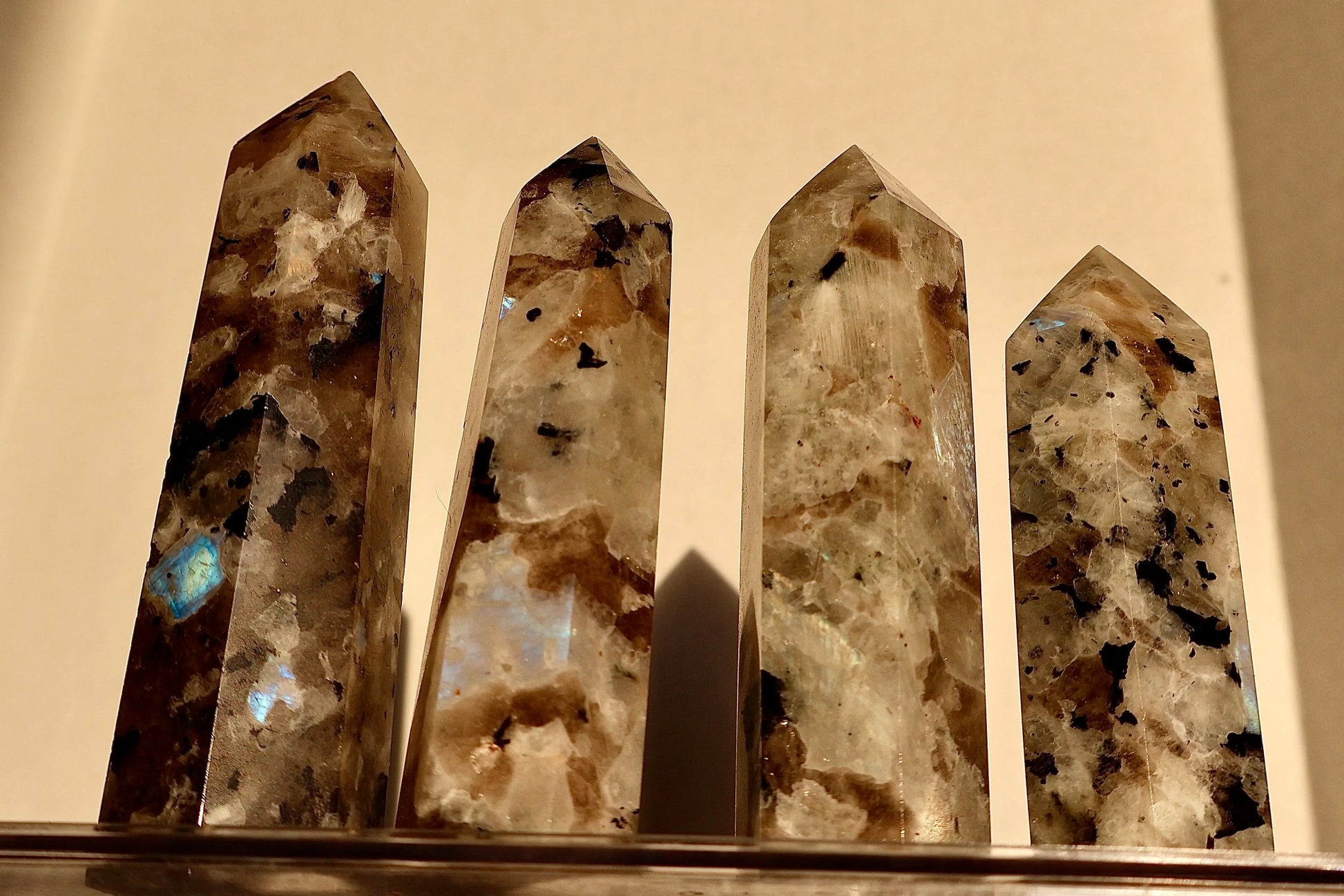 Moonstone Crystal Obelisk with Natural Rainbow Aura Inclusions, 3 - 4" - Wax | Wane