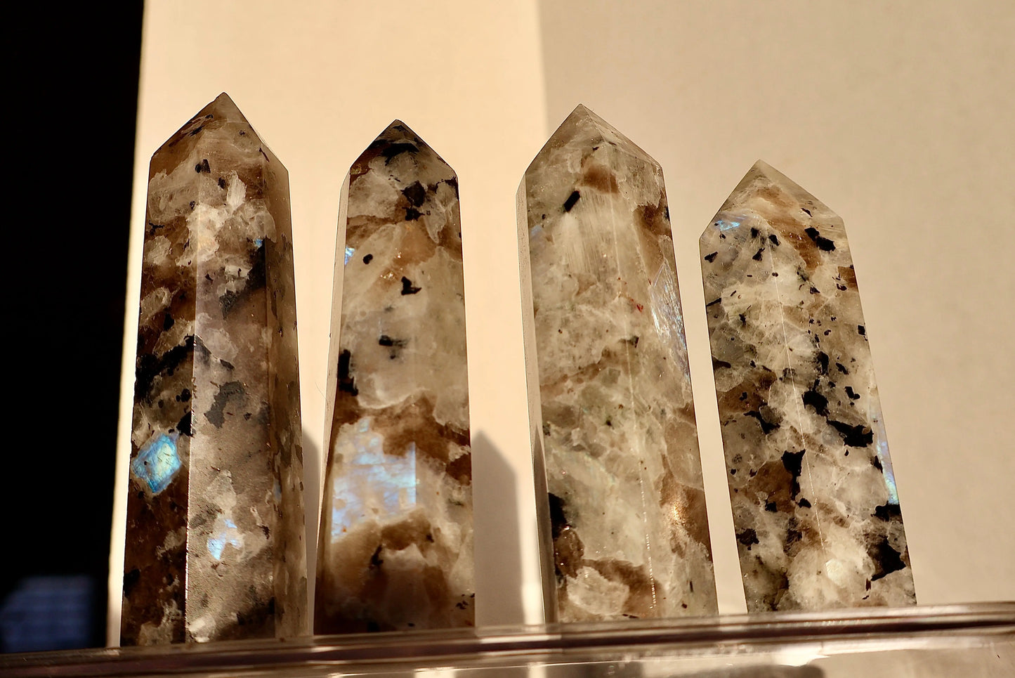 Moonstone Crystal Obelisk with Natural Rainbow Aura Inclusions, 3 - 4" - Wax | Wane