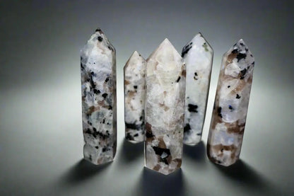 Moonstone Crystal Obelisk with Natural Rainbow Aura Inclusions, 3 - 4" - Wax | Wane