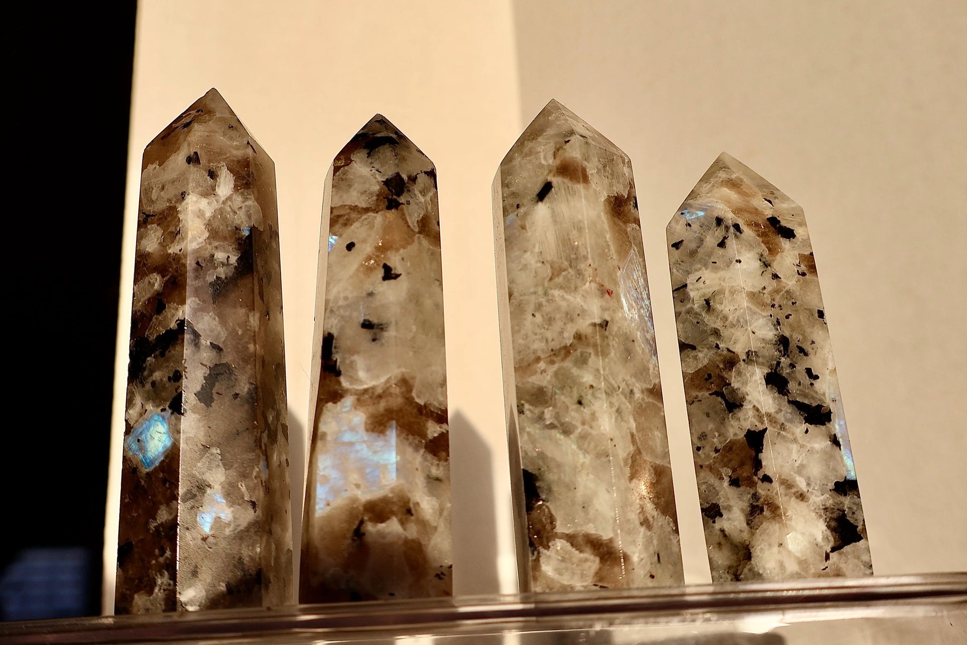 Moonstone Crystal Obelisk with Natural Rainbow Aura Inclusions, 3 - 4" - Wax | Wane