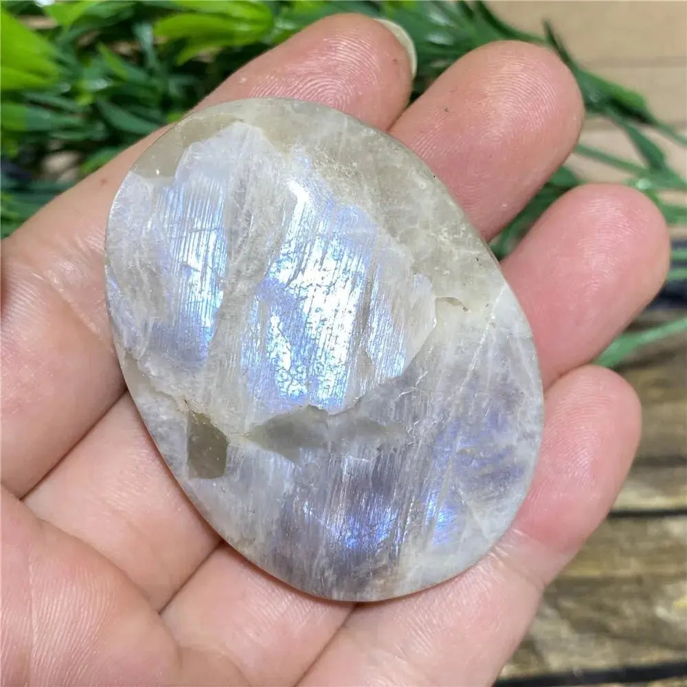 Moonstone Palm Stone with Rainbow Aura Inclusions - Wax | Wane