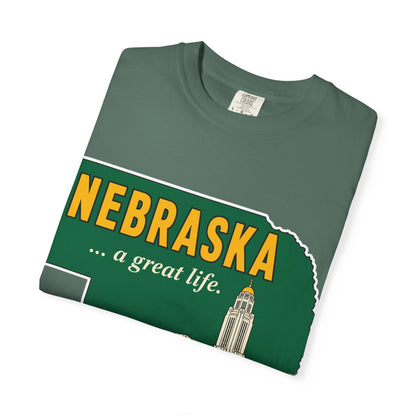 Nebraska “A Great Life” T-Shirt — Retro State Sign | Vintage Nebraska Good Life Gift Tee - Wax | Wane - gift for her - T-Shirt23
