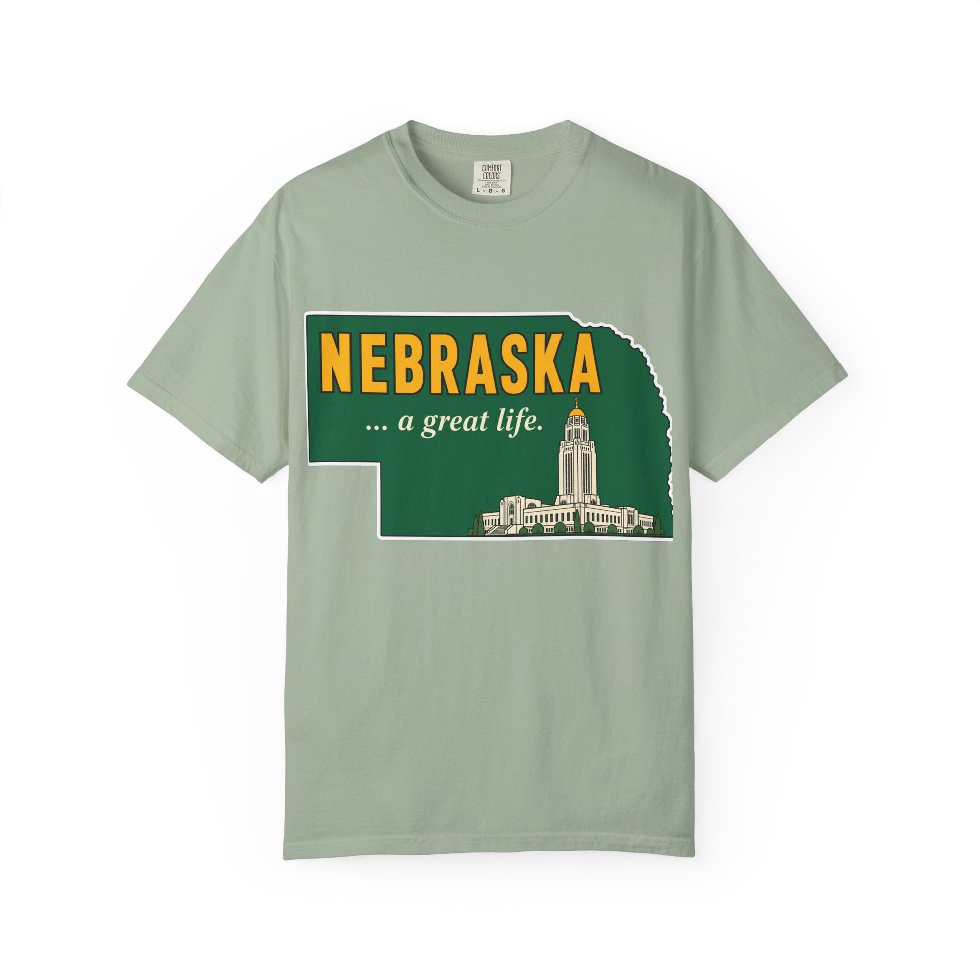Nebraska “A Great Life” T-Shirt — Retro State Sign | Vintage Nebraska Good Life Gift Tee - Wax | Wane - gift for her - T-Shirt3