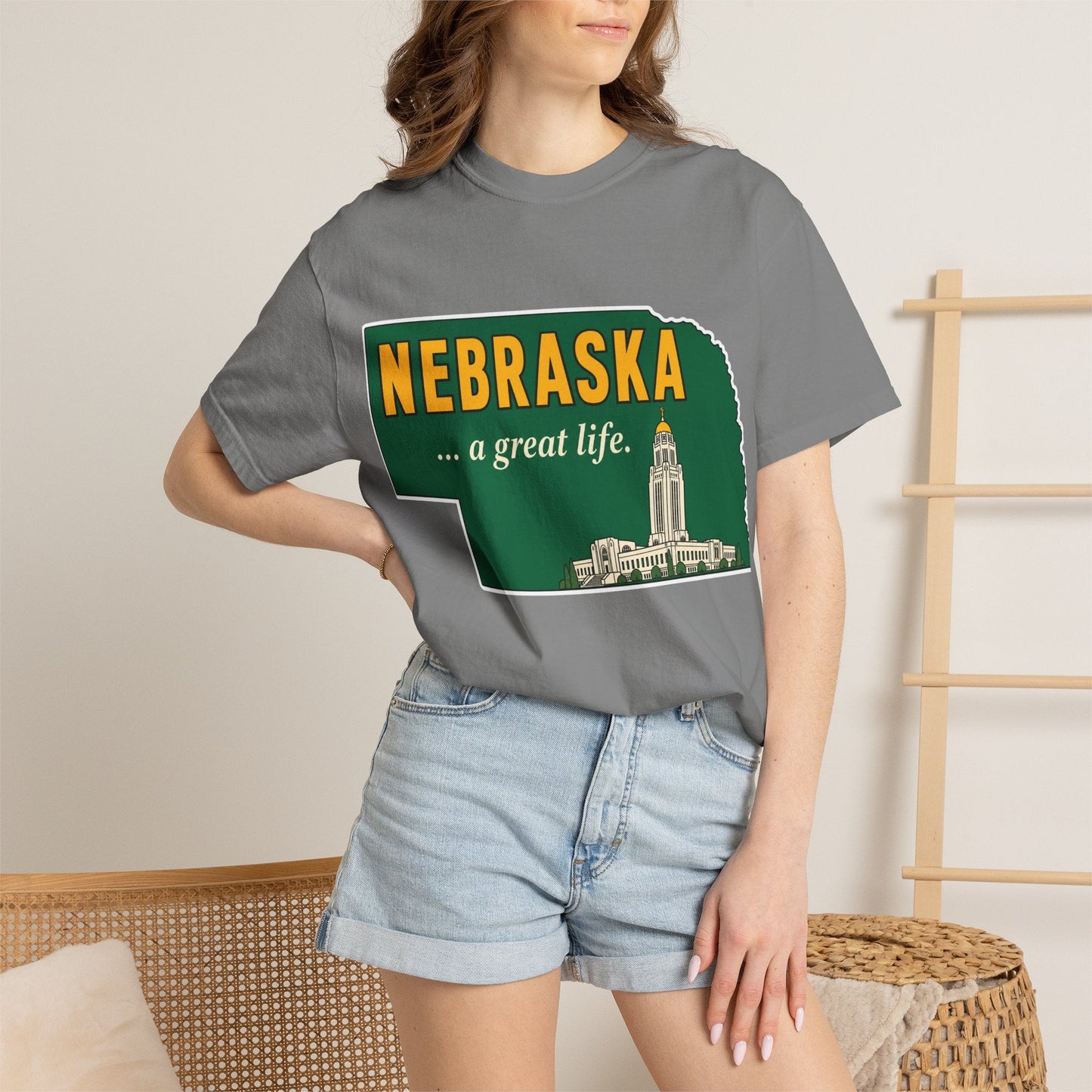 Nebraska “A Great Life” T-Shirt — Retro State Sign | Vintage Nebraska Good Life Gift Tee - Wax | Wane - gift for her - T-Shirt33