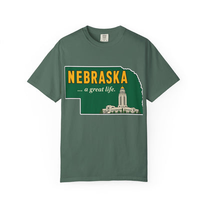 Nebraska “A Great Life” T-Shirt — Retro State Sign | Vintage Nebraska Good Life Gift Tee - Wax | Wane - gift for her - T-Shirt4