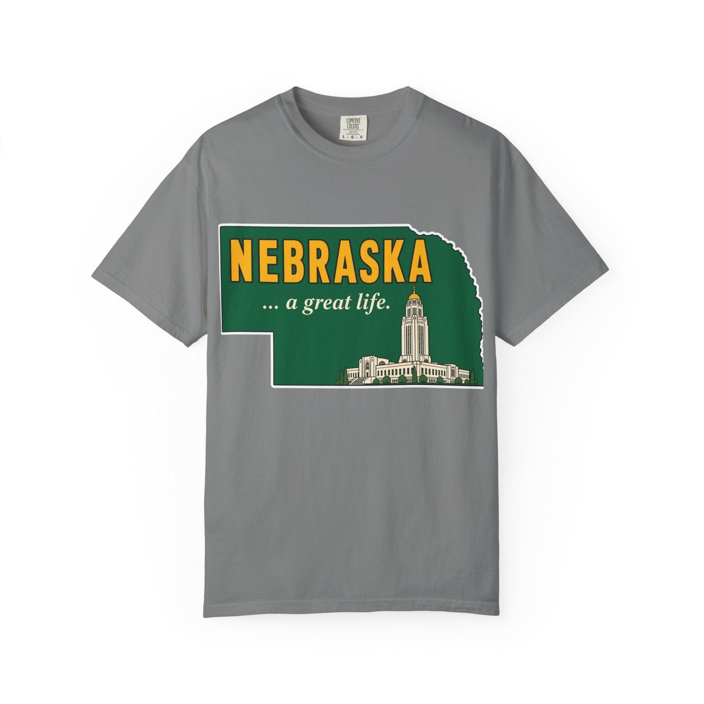 Nebraska “A Great Life” T-Shirt — Retro State Sign | Vintage Nebraska Good Life Gift Tee - Wax | Wane - gift for her - T-Shirt7