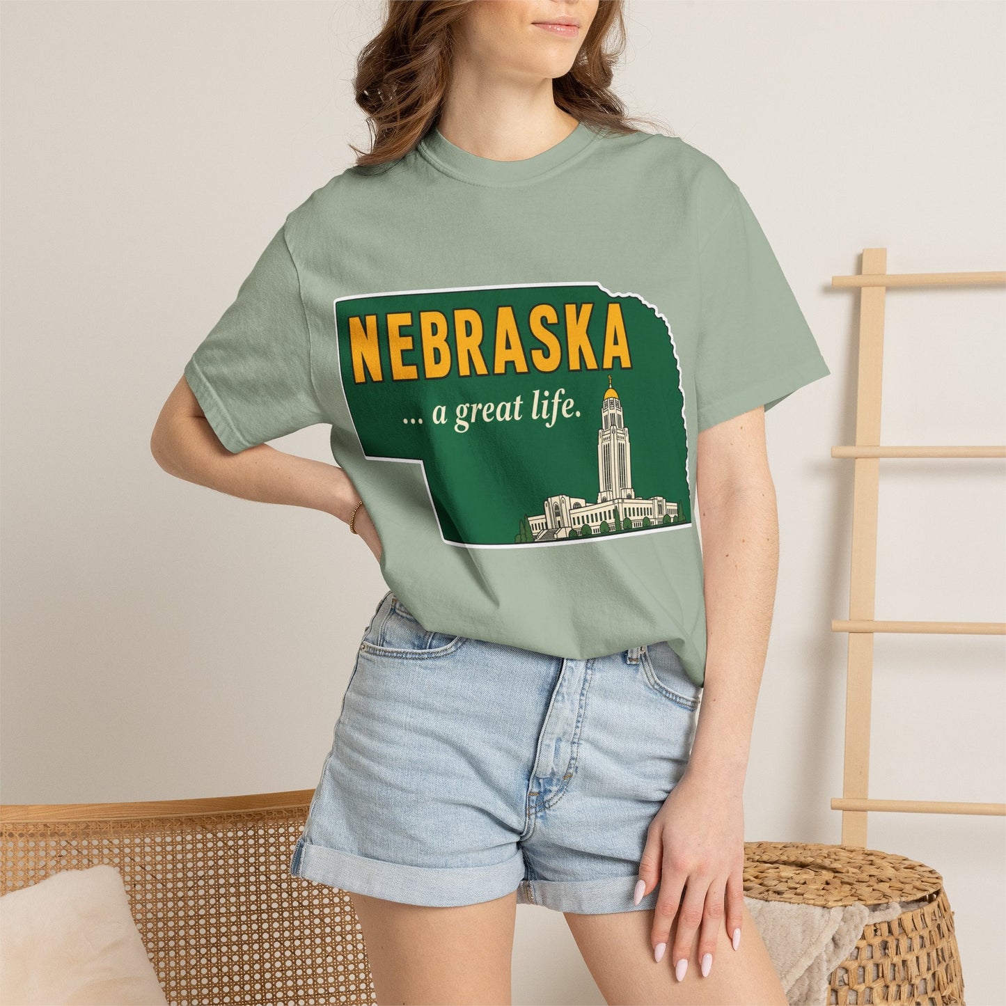 Nebraska “A Great Life” T-Shirt — Retro State Sign | Vintage Nebraska Good Life Gift Tee - Wax | Wane - gift for her - T-Shirt21