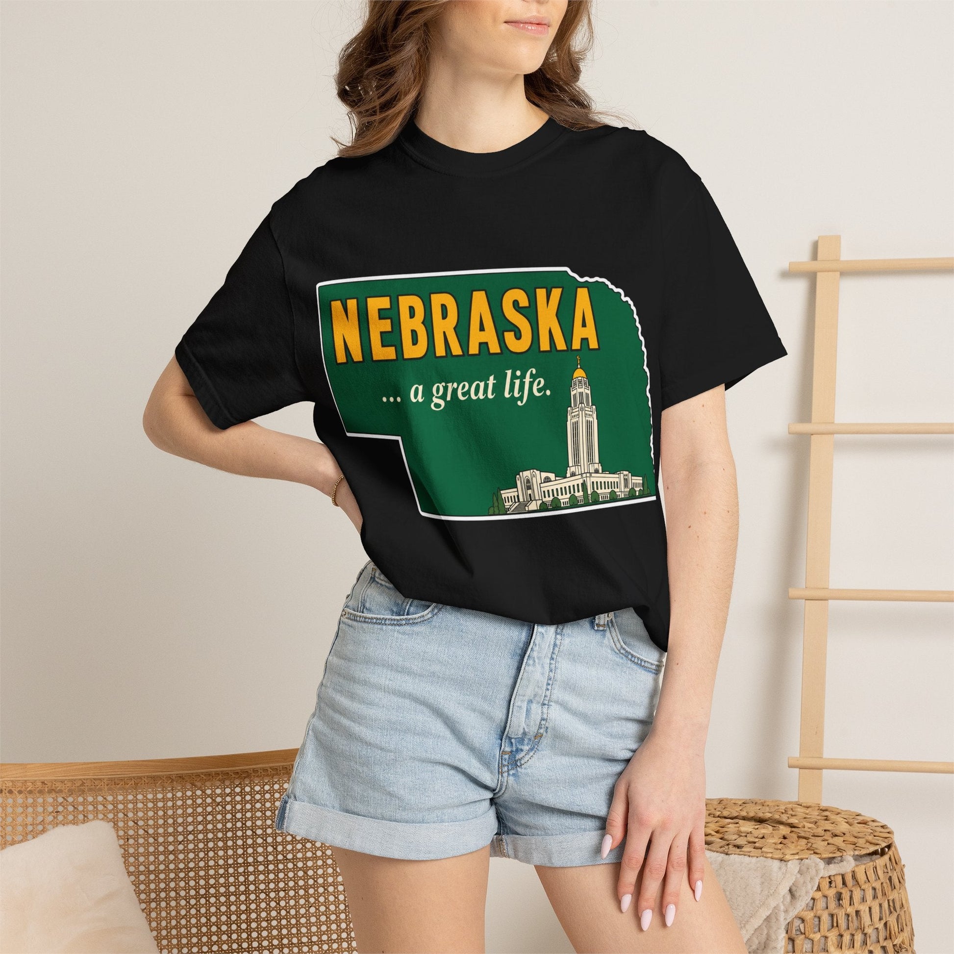 Nebraska “A Great Life” T-Shirt — Retro State Sign | Vintage Nebraska Good Life Gift Tee - Wax | Wane - gift for her - T-Shirt48