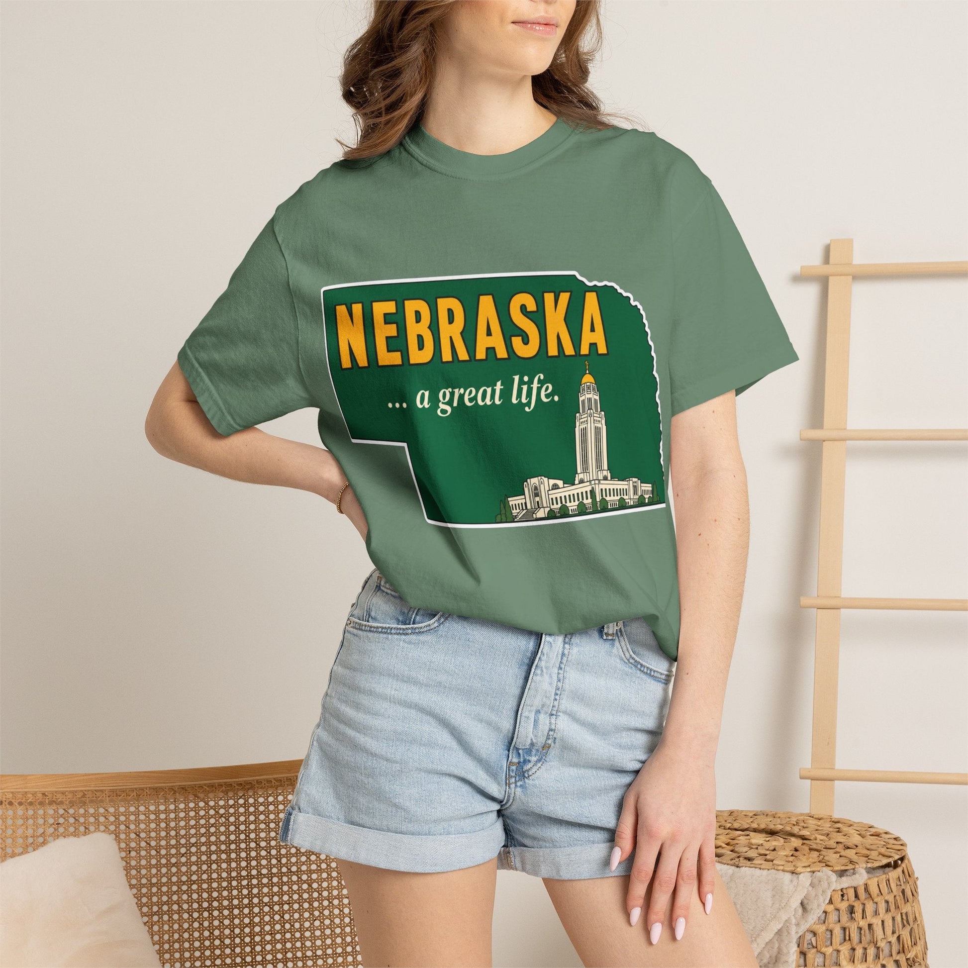 Nebraska “A Great Life” T-Shirt — Retro State Sign | Vintage Nebraska Good Life Gift Tee - Wax | Wane - gift for her - T-Shirt39