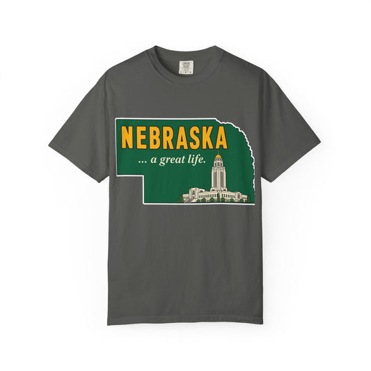 Nebraska “A Great Life” T-Shirt — Retro State Sign | Vintage Nebraska Good Life Gift Tee - Wax | Wane - gift for her - T-Shirt2