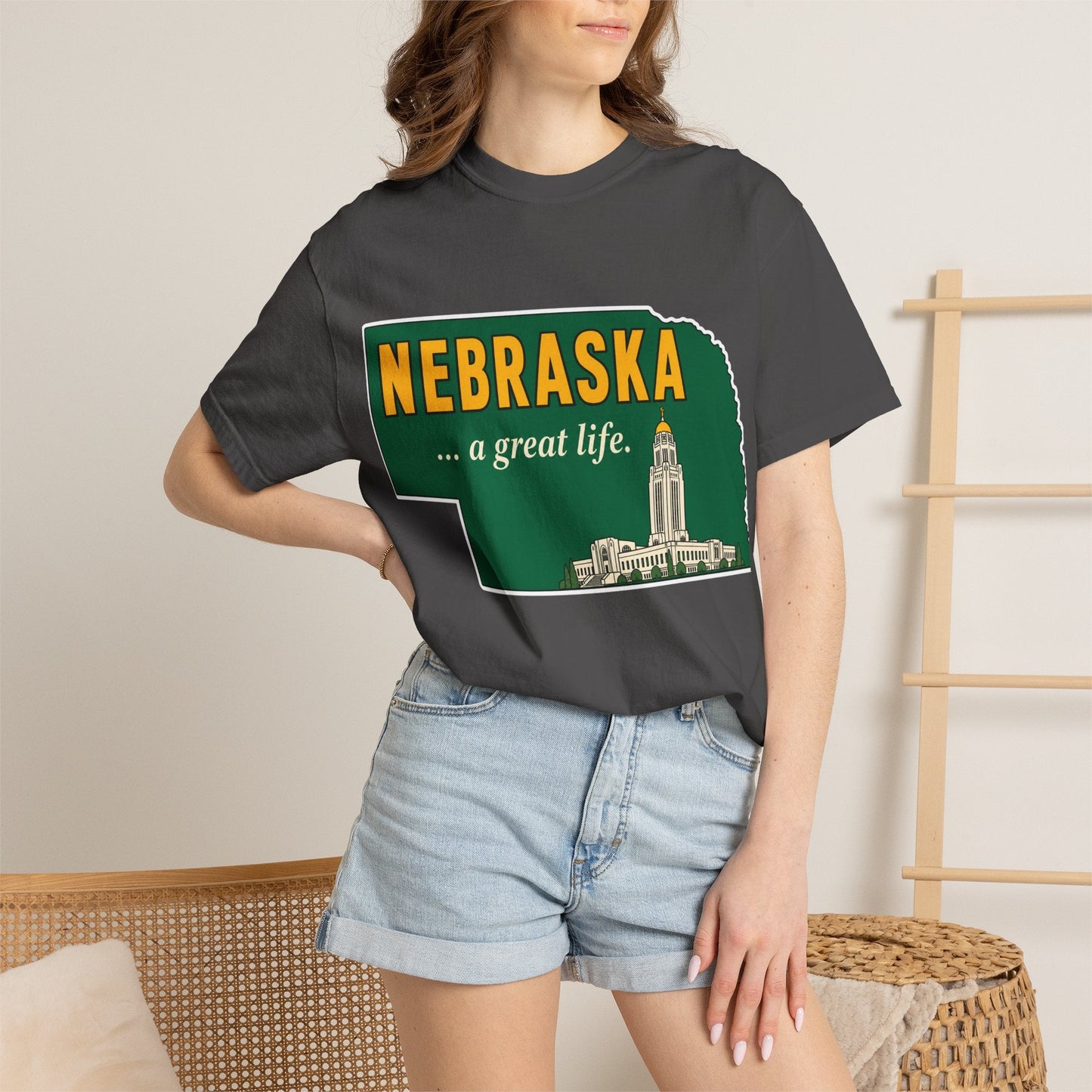 Nebraska “A Great Life” T-Shirt — Retro State Sign | Vintage Nebraska Good Life Gift Tee - Wax | Wane - gift for her - T-Shirt45