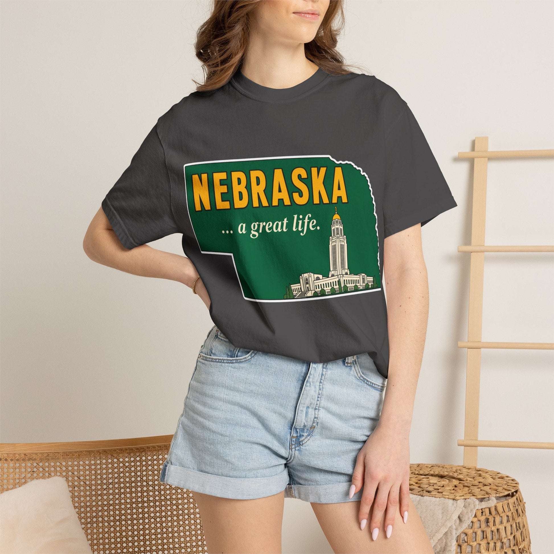 Nebraska “A Great Life” T-Shirt — Retro State Sign | Vintage Nebraska Good Life Gift Tee - Wax | Wane - gift for her - T-Shirt45