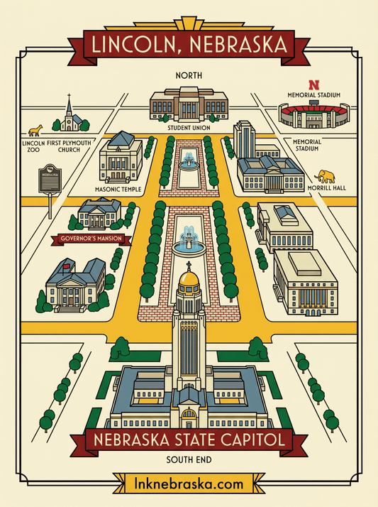 Nebraska Art Print – LNK Map Bundle 3 - Pack | Art Deco Digital Download | Capitol Series | Lincoln Nebraska Landmark Wall Art - Wax | Wane - architecture print - Digital Download2