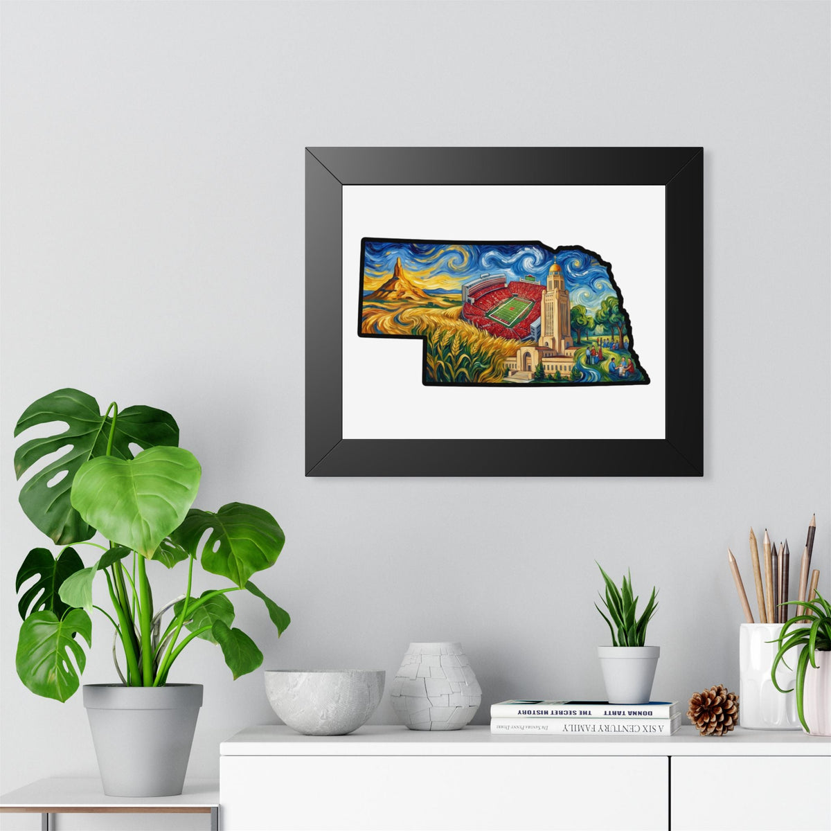 Nebraska Landmarks Framed Print — Van Gogh Style State Wall Art | Big Red Game Day Decor - Wax | Wane - big red - Poster4
