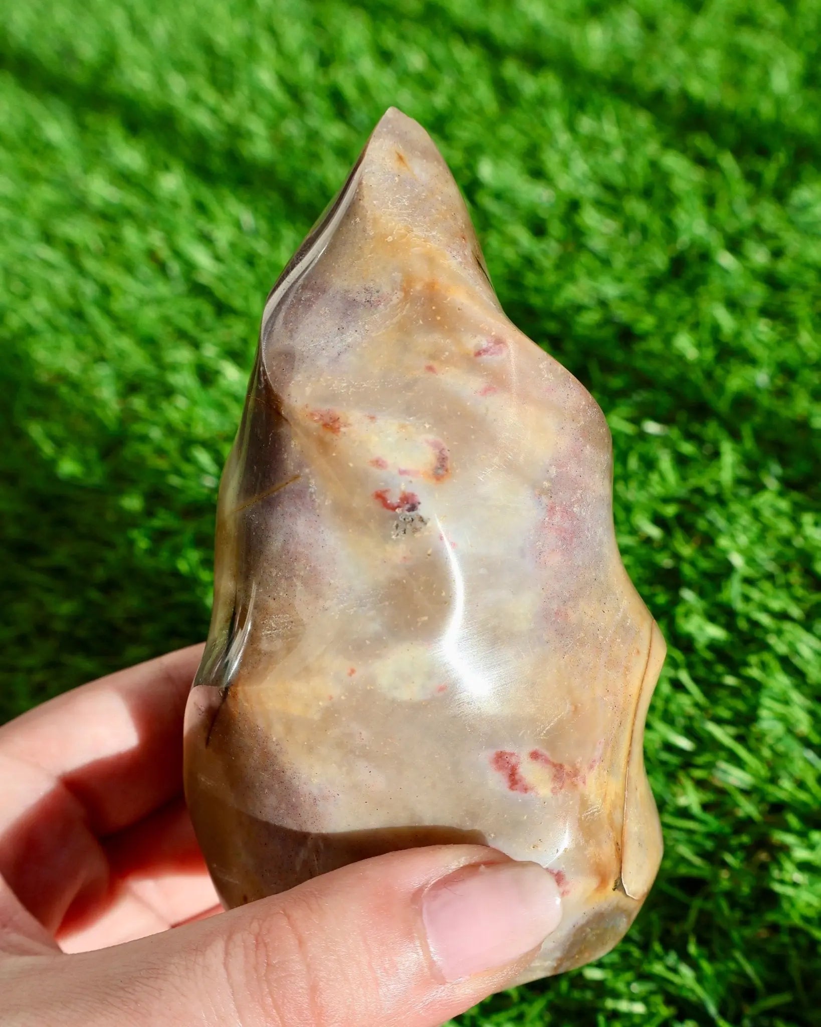 sparkling Ocean Jasper Crystal Flame, Hand Carved Decorative Sculpture, Multicolor 5-6" in lighting effect