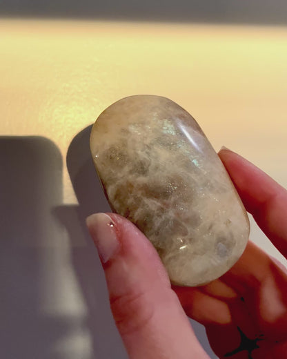 Moonstone Palm Stone with Rainbow Aura Inclusions