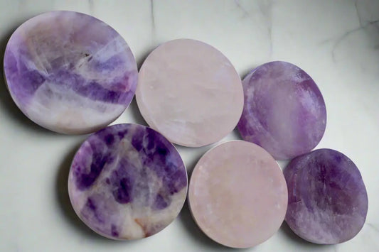 Rose Quartz & Amethyst Crystal Bowl – Jewelry Dish or Decor | Hand - Carved from Natural Stone, 2 - Inch - Wax | Wane
