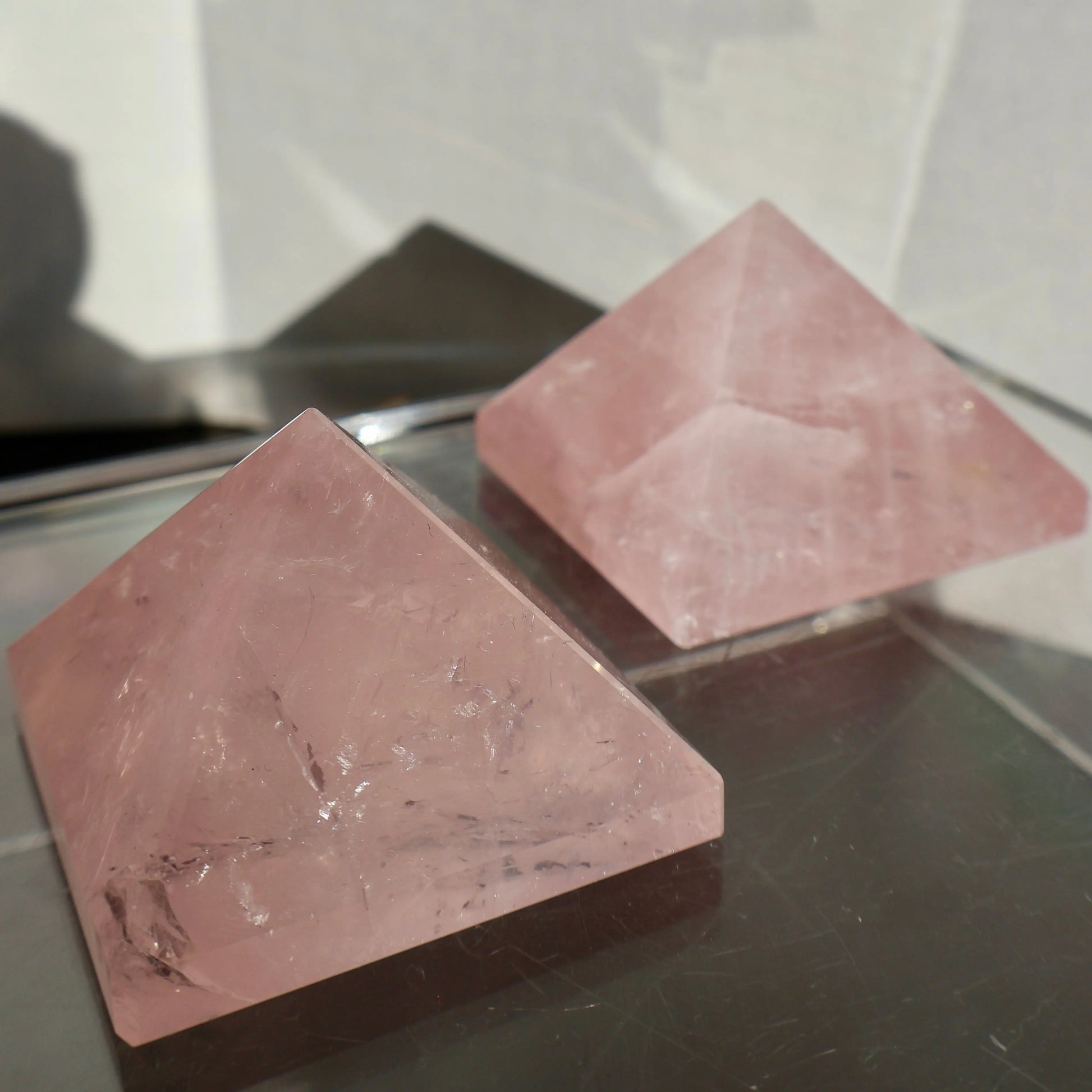 Rose Quartz Crystal Pyramid – Precision Cut and Polished Gemstone Sculpture (1–2 Inches) - Wax | Wane