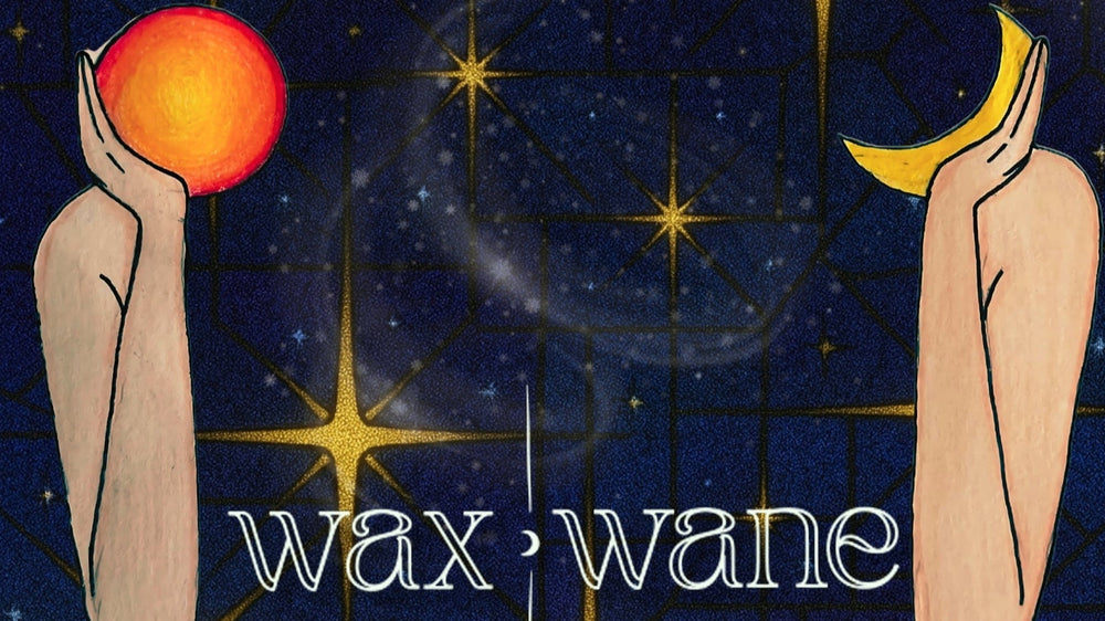 Artistic depiction of hands holding celestial bodies with 'wax wane' text against a starry night sky.