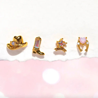Western Charm Earring Set – 18k Gold & Silver Cowboy Studs | Rhinestone Accents, 4 - Piece Limited Edition - Wax | Wane