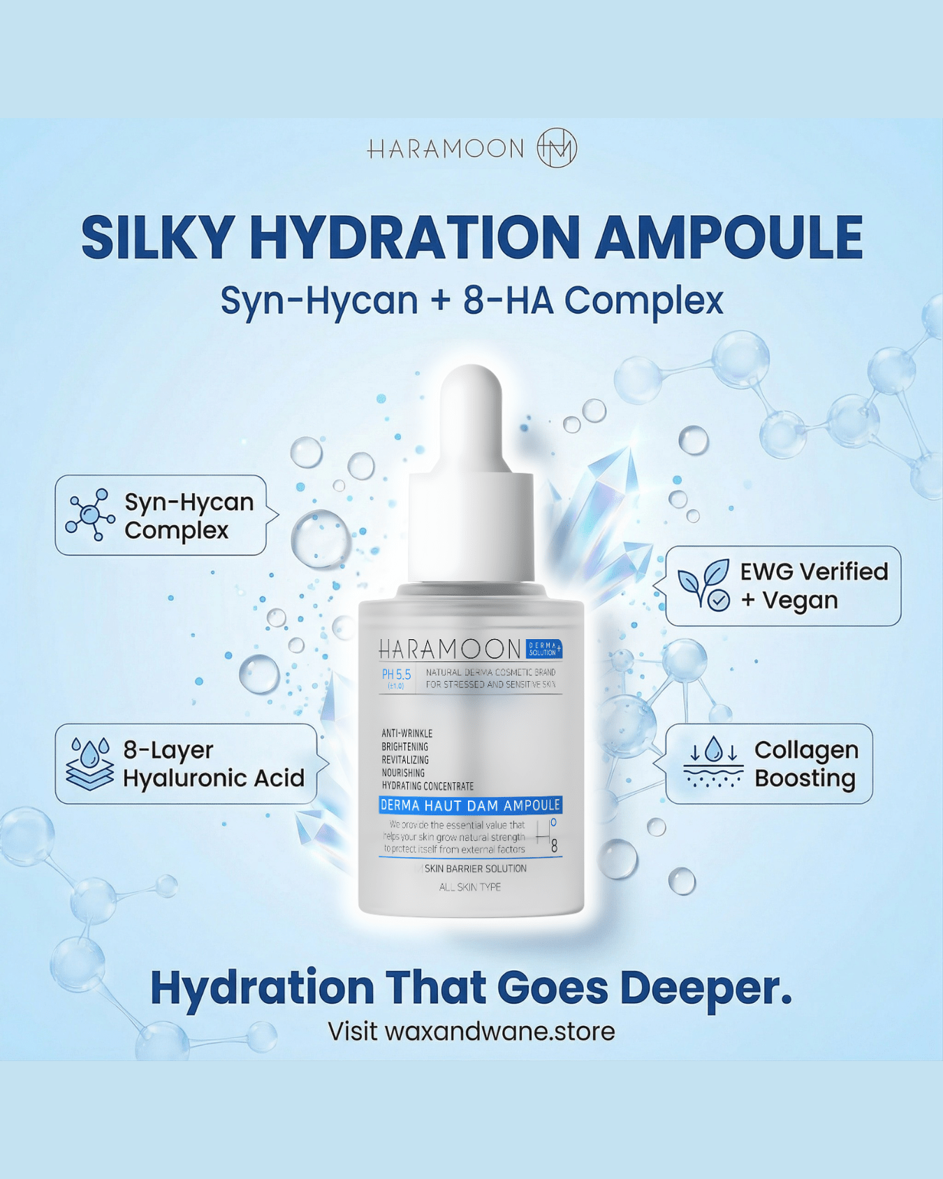 HARAMOON Silky Hydration Ampoule — Syn-Hycan Complex, 8-Layer Hyaluronic Acid, Collagen Boosting, EWG Verified