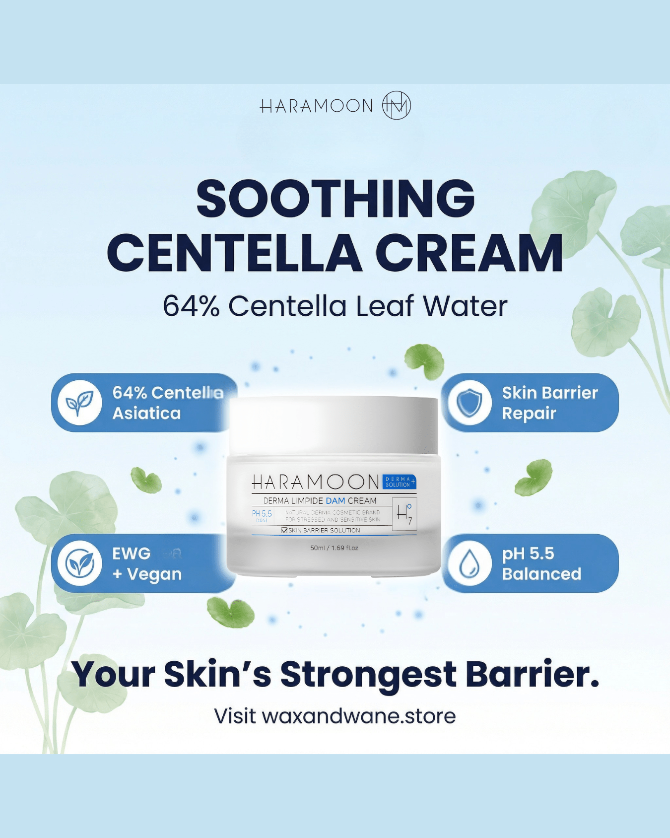 HARAMOON Soothing Centella Cream — 64% Centella Asiatica, Skin Barrier Repair, EWG Verified + Vegan